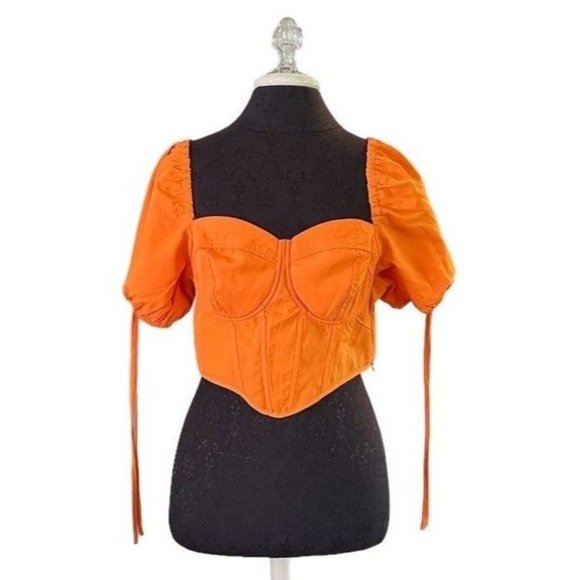 Boohoo Corset Blouse Size 12 Orange Puff Sleeves Side Zip Summer Top - Picture 1 of 5